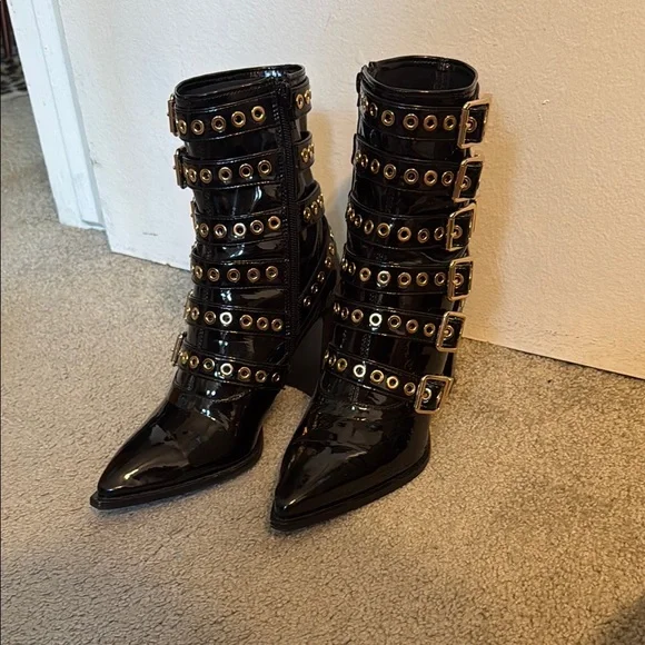 Jeffrey Campbell Ignatius Booties Black Heeled Boots with Straps - Picture 1 of 1